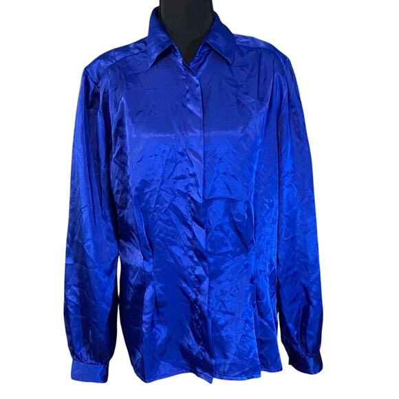 Vintage Laura & Jayne Blue Satin Blouse 80s Puff Sleeve Button Up 12 Hong Kong - Picture 2 of 9